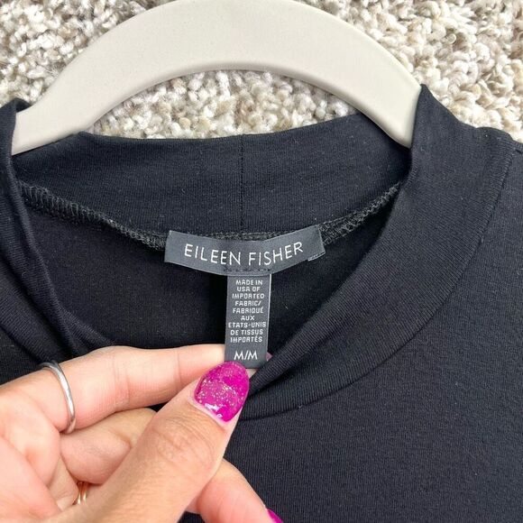 Eileen Fisher Top Women’s Medium Black Mock Neck Long Sleeve Side Slit Tunic - Picture 2 of 5